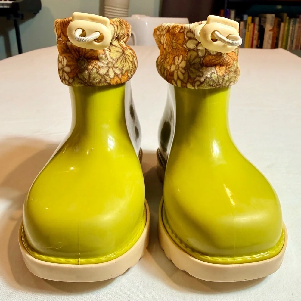 Mini Melissa Rain Boots III BB Girls 10 Yellow Green Floral Cuff Waterproof Lime
